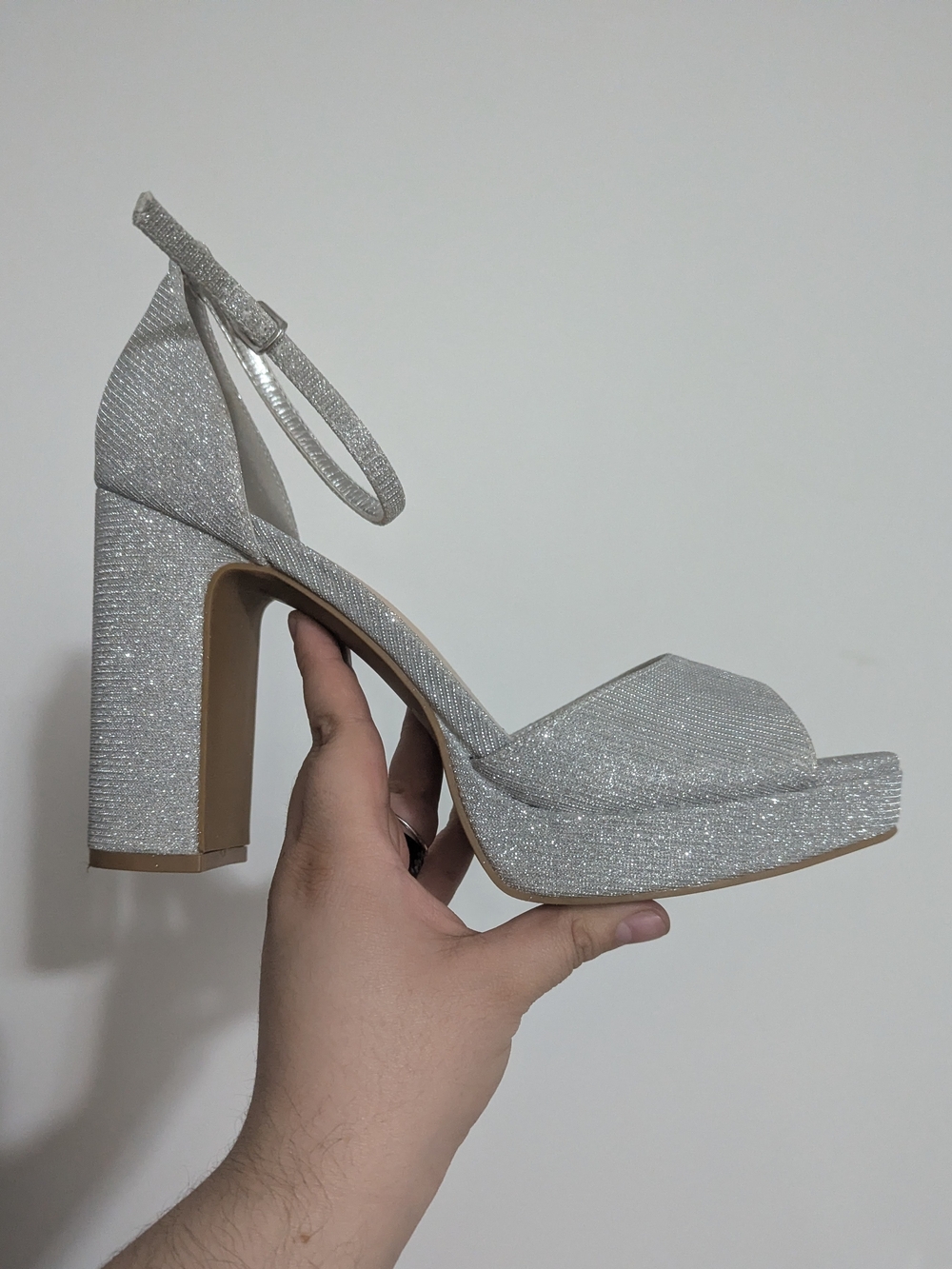 le chateau Silver Glitter Block Heel Sandal with Ankle Strap
